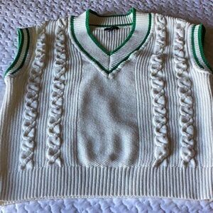 Knit V Neck Sweater Vest, Classic Cream with Kelly Trim